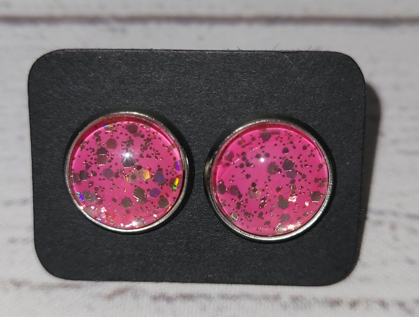 Pink & Silver Glitter Studs